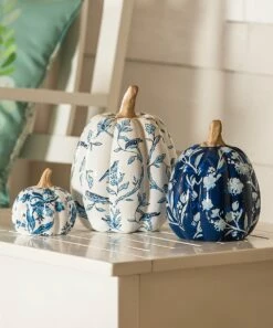 Deals 🎉 Evergreen Blue & White Floral Pumpkin Décor - Set Of Three 😀