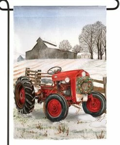 Hot Sale 🔔 Evergreen Beige & Red Winter Tractor Outdoor Flag 😀