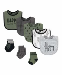 Cheapest 🎁 Hudson Baby Olive & Gray 'Beary Cute' Bib & 🧦 Socks Set - Infant 🌟