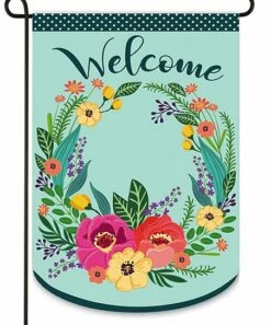 Top 10 😉 Evergreen Mint Spring Floral 'Welcome' Wreath Curved-Hem Outdoor Flag ⌛