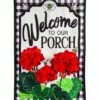 Brand new 🎉 Evergreen Red & Black Gingham 'Welcome To Our Porch' Geraniums Outdoor Flag 🛒