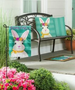 Coupon 👍 Evergreen Teal & White Stripe 'Easter' Flower-Crown Bunny Outdoor Flag 🌟 -Outlet Evergreen Shop zu91251748 alt 2 tm1606919992