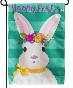 Coupon 👍 Evergreen Teal & White Stripe 'Easter' Flower-Crown Bunny Outdoor Flag 🌟