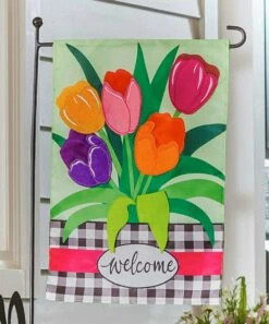 Best deal 🧨 Evergreen Green & Orange Gingham 'Welcome' Tulips Outdoor Flag 😍