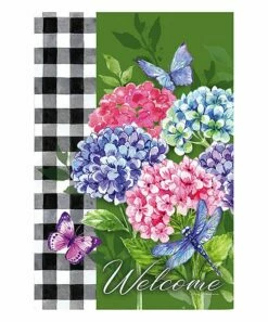 Cheapest ⭐ Evergreen Green & Blue Gingham Hydrangea Outdoor Flag 🤩