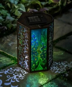 Best Sale ⌛ Evergreen Blue Delphinium Floral Hand-Painted Embossed Solar Lantern ⌛