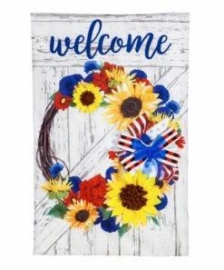 Deals ⌛ Evergreen Blue 'Welcome' Americana Floral Wreath Burlap Outdoor Flag 🛒
