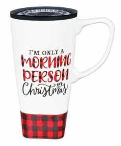 Budget π Evergreen White & Red 'Morning Person On π Christmas' Ceramic Travel Cup π