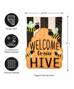 Hot Sale ❤️ Evergreen Black & White Stripe 'Welcome To Our Hive' Outdoor Flag 🌟 -Outlet Evergreen Shop zu94697874 alt 4 tm1637349026