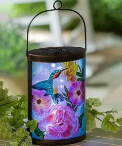Best reviews of 🛒 Evergreen Blue & Purple Floral Hummingbird Glass Solar Lantern 🛒