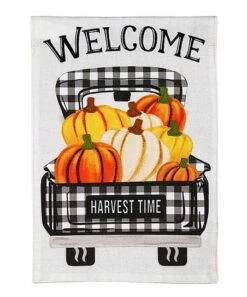 New 🎁 Evergreen Pumpkin Plaid 'Welcome' Truck Garden Burlap Flag 🔥
