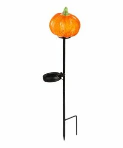Discount 😀 Evergreen Solar Art Pumpkin Glass Garden Stake 🛒