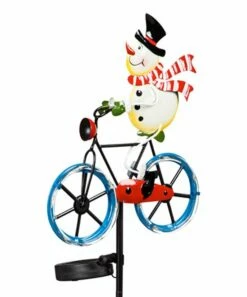 Wholesale ❤️ Evergreen Blue & White Solar Cycling Snowman Garden Stake 😀