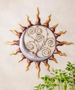 Promo 😉 Evergreen Gray & Gold Sun & Moon Metal Handcrafted Wall Art 👏