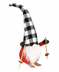 Best Sale 🎉 Evergreen Black & White Buffalo Plaid Skiing Gnome Statue 🔥