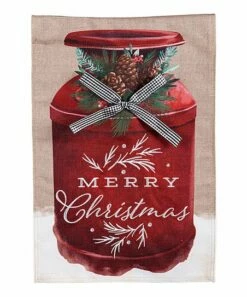 Cheap 👏 Evergreen Red & Beige 'Merry 🎁 Christmas' Milk Can Burlap Outdoor Flag 🤩