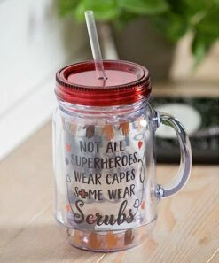 Discount ⭐ Evergreen Red 'Superheroes Wear Scrubs' 20-Oz. Double Wall Travel Mason Jar 🔔