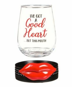 Best deal 😍 Evergreen Red & Black 'Good Heart' Stemless Wine Glass & Red Lips Coaster 🔥