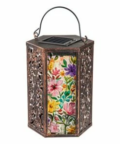 New 👏 Evergreen Wild Florals Embossed-Glass Solar Lantern 🌟